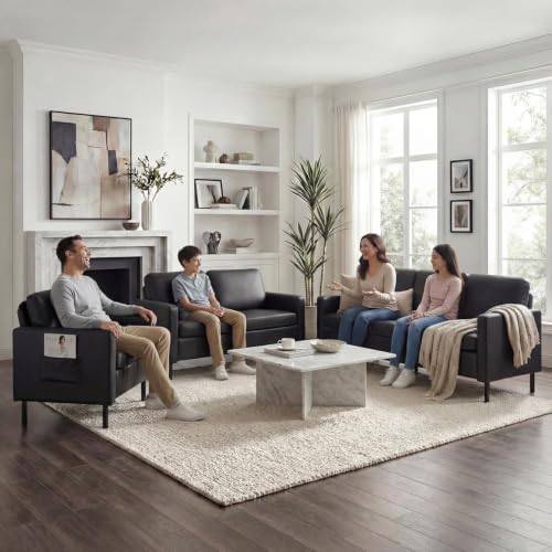 Image of Modern 3-Piece Living Room Set, 72 inch Black Faux Leather Couch 56 inch Loveseat | STHOUYN Small Couch and Chair Set with USB Ports for Small Space, Apartment, Office (Black, 1 Chair + 1 Loveseat + 1 Couch)