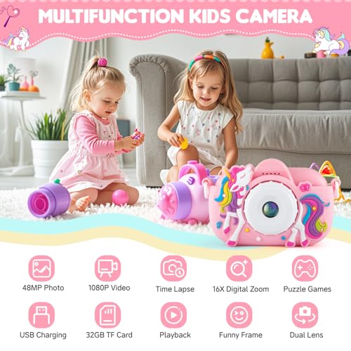 Kids Camera for 3-5 Years Old Girls Gift, 48MP Kids Digital Camera with 32GB SD Card, 16X Digital Zoom, Toddler Camera Toys Christmas Birthday Gifts for Boys Girls - image 2