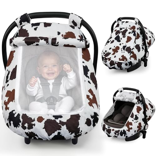 Elstey Car Seat Cover Baby, Minky Dot Carseat Covers Baby Girls, Lightweight Infant Car Seat Cover Canopy with 2 Layers Breathable Mesh Windows, Stroller Carrier for Babies Newborn Essentials