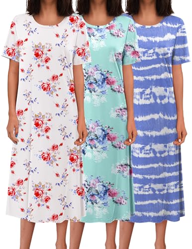 Ekouaer 3 Pack Long Nightgowns for Women Full Length Short Sleeve Nightshirt Soft Plus Size Sleepwear Casual Loungwear