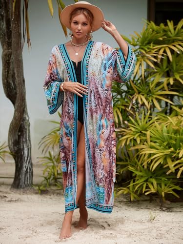 Image of Women's Kimono Cover Up Long Beach Dress Swimsuit Cover Ups Colorful Cardigan Lightweight Robe for Swimwear