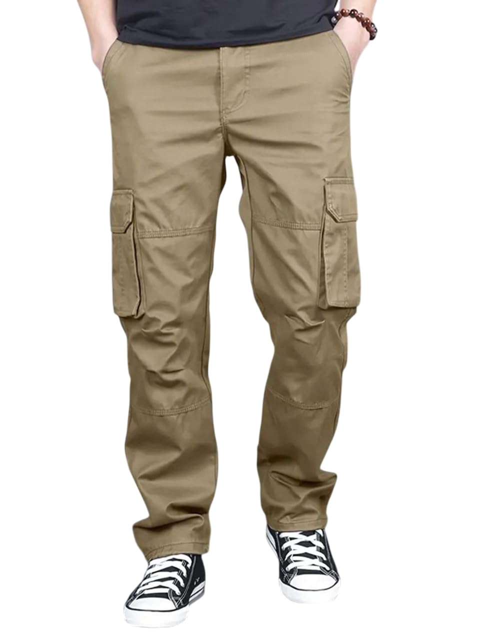 Men Solid Cargo Pants | Cotton Jogger Style | Elastic Waist with Drawstring | 6-Pocket Casual Trousers-image-26