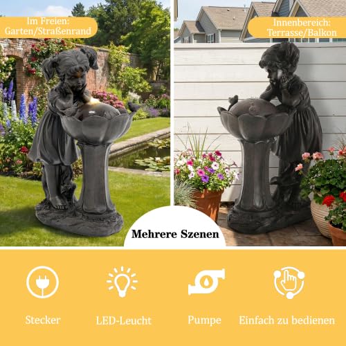 Gartenbrunnen mit Mädchen-Figur, 65,5 cm Springbrunnen Wasserspiel mit warmweißer LED-Beleuchtung, Gartendeko für Terrasse, Balkon & Rasen, Plätschern 55 dB, Kupferfarbe
