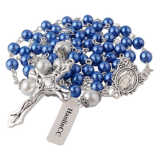 HanlinCC 6mm Glass Pearl Beads First Communion Catholic Rosary Necklace with Metal Gift Box3