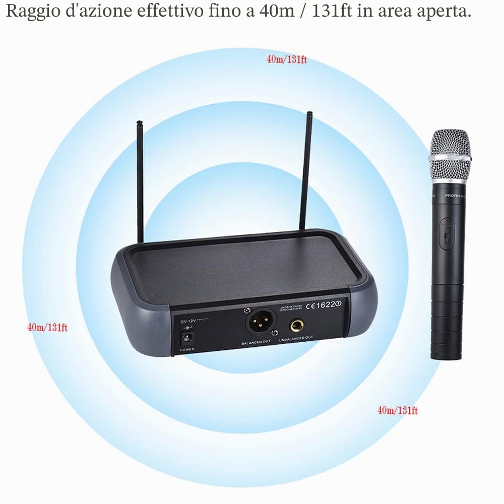 Btuty Microfono Senza Fili a Doppio Canale VHF con Funzione eco 2 Microfoni e Ricevitore Cavo Audio 6,35 mm per Karaoke Festa di Famiglia Performance Presentazione Public Address
