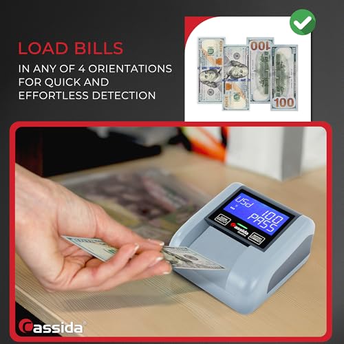 Image of Cassida Quattro Fast Automatic Currency Counterfeit Detector with Advanced Sensors (UV,MG,IR,MT,Thickness,Size) - All-Orientation Feeding - Rechargeable Battery - 3.5 inch Value (Pass /Fail + UV /MG)