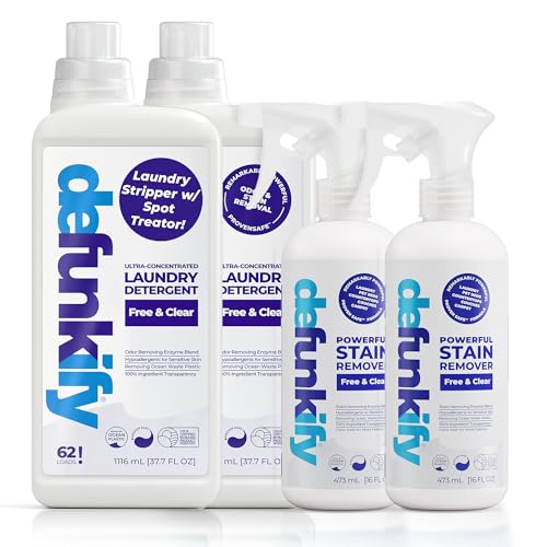 Get Stainy Bundle- 2Pk 'Free & Clear' Laundry Detergent & 2Pk Stain Remover Spray. Washing Detergent Soap & Spot Treater Prewash for Activewear, Carpet, Gear. Kid, Pet & Sensitive Skin Safe