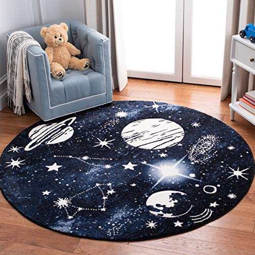 Image of SAFAVIEH Carousel Kids Collection 4' Round Dark Blue/Light Blue CRK122M Outer Space Non-Shedding Playroom Nursery Bedroom Area Rug