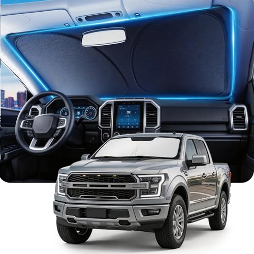 DMJN Front Windshield Sun Shade for Ford F150 F250 F350 F450 (2021-2026) [Nano Ice-Crystal Coatings] UPF50+ Heat & UV Block Protect Car Interior & Keep Cool Flodable Steel-Ring Car Cover for Summer