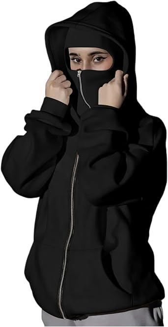 Xiaojmake Balaclava Hoodie Jacket Fashion Double Layer Zip Up Hoodie Windproof Outerwear Oudoor Athletic Running Coat Y2K
