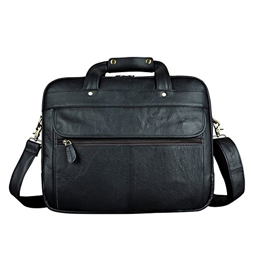 Le'aokuu Leather Mens Business Travel Laptop Case Best Portfolio Briefcase Handles Organizer Shoulder Strap Messenger Bag (Y B1001 Black)