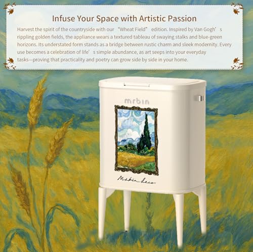 Image of MRBIN Metal Kitchen Trash Can with Wheel Legs, 36L / 9.5gal Medium Press Lid Slim Removable Waste Basket, Pet Proof Tall Narrow Garbage Pail for Vanity, Bedroom, Bathroom, Living Room, Wheatfield
