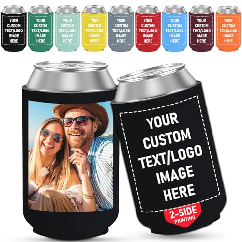 （made in US）Personalized Neoprene Can Cooler Sleeves – Custom Text & Image Beer Can Holders, Insulated Reusable Beverage Covers for Weddings, Birthdays, Parties & Reunions