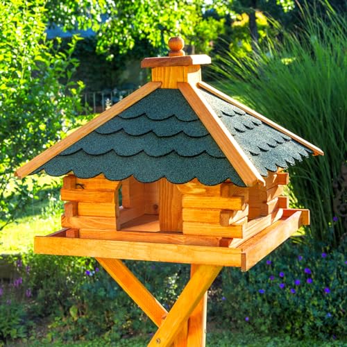 Deko-Shop-Hannusch Vogelhaus wahlweise mit Ständer und Solarbeleuchtung, Verschiedene Dachfarben (Vogelhaus, Dach Bitum grün)