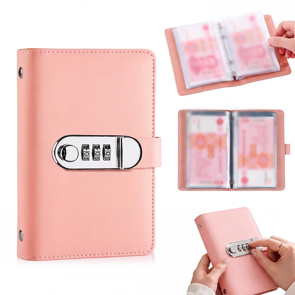 Lockable Savings Notebook, 2027 New Portable Cash Envelope Binder (Pink)