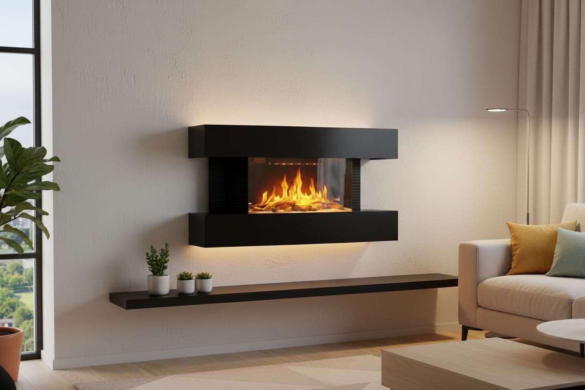 CHEMIN'ARTE Chimenea eléctrica de Pared con calefacción Lounge Medium Negra, Efecto de Llama Leds- Chimenea Decorativa bajo Consumo - Mando a Distancia