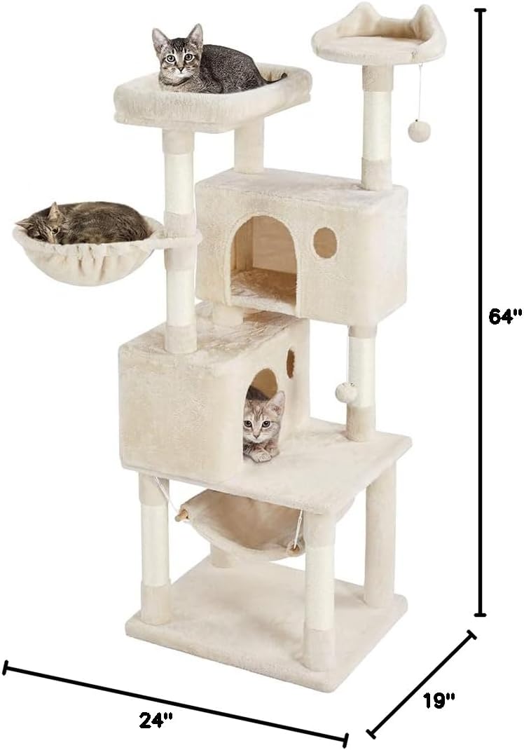 Topeakmart Muti-Level Cat Tree for Large Cats, 64.5'' Cat Tower Cat Condo Playing House for Indoor Cats with Interesting Hammock, Durable Scratching Posts