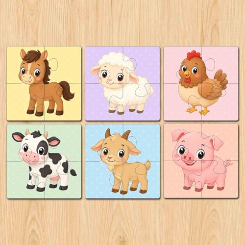 Image of Wooden Jigsaw Puzzle Set of 6 for Kids Age 2-6 Years | Pack of 6 Puzzles with 4 Pieces Each | Toddler Learning Educational Toy | Mixed Themes Puzzle for Boys & Girls (Animal)