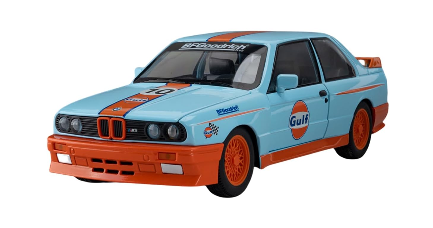 1:24 Scale Die-Cast Metal 1982 B.M.W M3-E30 Car for Kids with 4 Openable Doors,Pull Back Action,Lights,Music & Working Steering Gulf Oil Livery【Pack of 1】 (Blue-Orange)