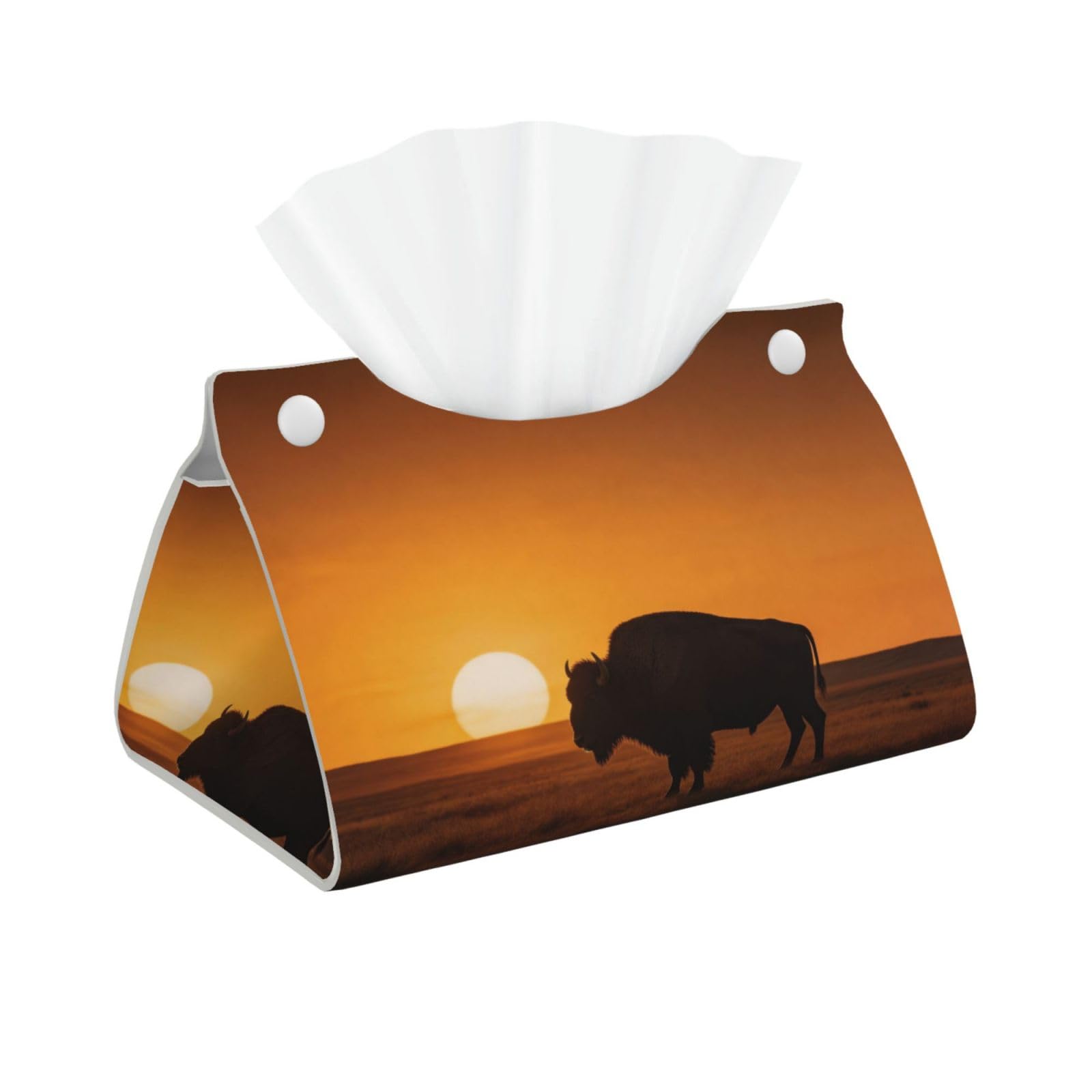 Sunset Buffalo Silhouette Long Leather Tissue Box Cover-Waterproof PU Leather Tissue Holder for Bathroom, Decorative Rectangular Tissue Case