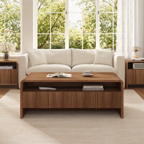 Image of AMERLIFE Fluted Coffee Table with Storage & Rounded Edges