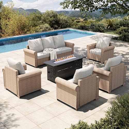 Image of HERA'S HOUSE Patio Furniture Set, 4 x Cushioned Chairs, 3-Seat Sofa with Wood Grain Coffee Table, 5 Seats Luxury Windsor Style All Weahter Outdoor Sofa Conversation Set for Deck Lawn Backyard