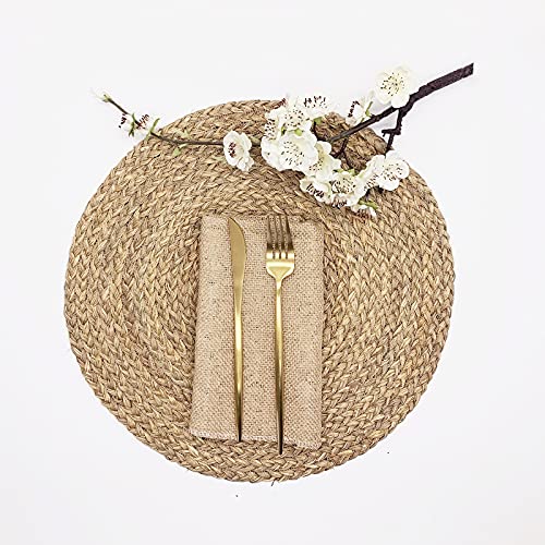 Image of Woven Placemats for Dining Table Set of 2, 100% Natural Straw, Rustic Round Placemats Farmhouse Table Mats Rattan Wicker Placemats Hand Braided Place Mats for Indoor Outdoor, 14.17 inch
