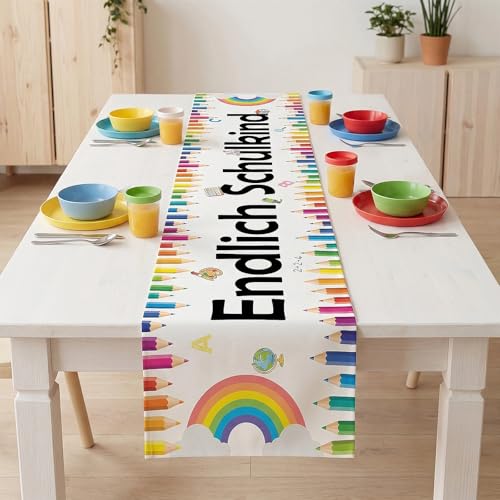 Seutgjie Endlich Schulkind Tischläufer Deko Einschulung Mädchen Junge 2026 Tischdeko Schulanfang Tischband Schuleinführung mit 123 ABC(180x33 cm)