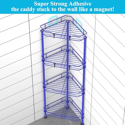 Image of HuggieGems Metal Floor Standing Corner Shower Caddy, Dark Blue, 4 Tier | Adhesive Bathroom Organizer Shelves, Free Standing Shower Rack with Hooks, Hold Large Shampoo Bottles
