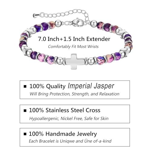 Tiny Natural Gemstone Cross Charm Bracelet, Christian First Communion Gifts for Daughter Girlfriend Mother, Meaningful Jewelry2