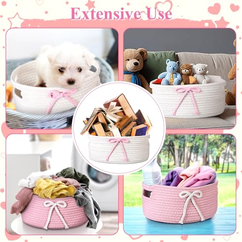 Image of Breling 3 Pieces Pink Bow Baskets Coquette Bow Cotton Rope Storage Basket Pink Woven Gift Baskets Laundry Hamper Rope Bin with Handles for Decoration Organization Storage for Nursery, Pet Toy Basket