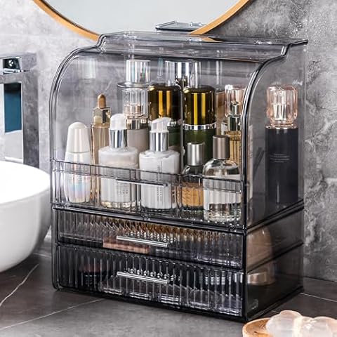 SYNCVIBE Clear Large Cosmetic Organizer Makeup Storage Box Cosmetic Storage Drawers Vanity Organizer for Dresser Countertop Cosmetics Display Case with Lipstick Organizer Large Version(Clear Grey) Cover