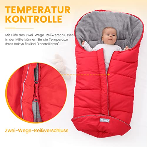 Orzbow Fußsack für Kinderwagen Buggy,Baby Fußsack Schlafsack,Babyfußsack für Babyschale,Winterfußsack mit Reißverschluss Waschbar Passend für Alle Kinderwagen (Rot,Groß)