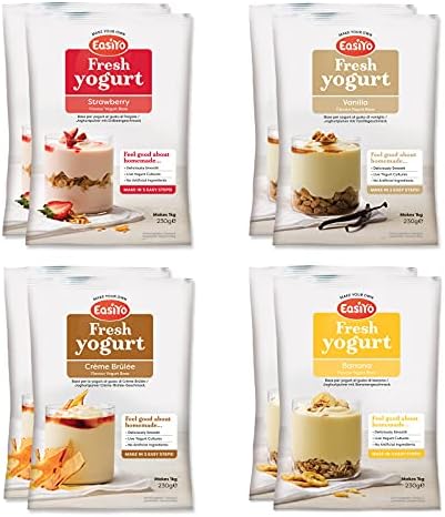 EasiYo Yogurt 8 Sachet Pack | EasiYo Everyday Mixed Pack | 2 x Banana 2 x Strawberry 2 x Crème Brûlée 2 x Vanilla | Each Sachet Makes 1kg of Yogurt