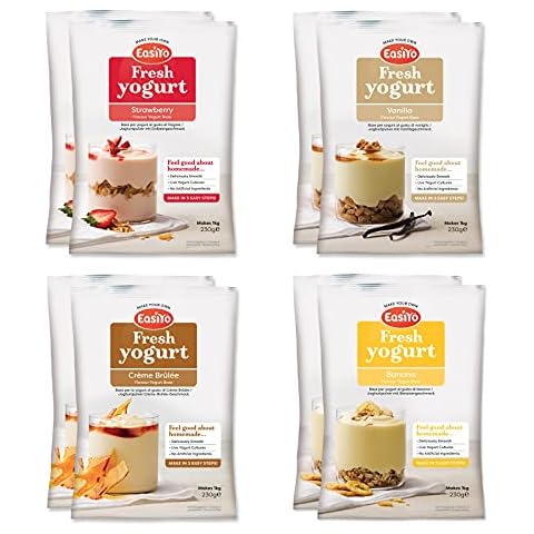 EasiYo Joghurt, 8 Beutel | EasiYo Variationspaket für jeden Tag | 2 x Banane 2 x Erdbeere 2 x Crème Brûlée 2 x Vanille | Jeder Beutel ergibt 1 kg Joghurt Cover