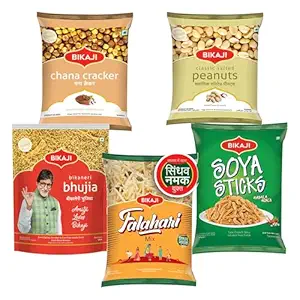 Bikaji Snacks Combo – SOYA STICKS & SALTED PEANUT & BHUJIA & FALHARI MIX & ROASTED CHANA CRACKER | 5 Pack Variety | Bar Snacks, Party Mix & Tea-Time Treats – 1 Kg