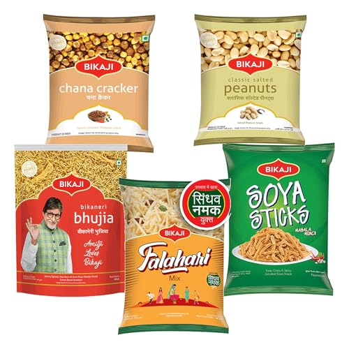 Bikaji Snacks Combo – SOYA STICKS & SALTED PEANUT & BHUJIA & FALHARI MIX & ROASTED CHANA CRACKER | 5 Pack Variety | Bar Snacks, Party Mix & Tea-Time Treats – 1 Kg