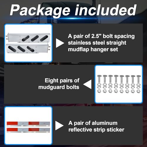 Image of Stainless Steel Mud Flap Hanger Set with Oval Light Cutouts 2-1 /2 inch Bolt Spacing 30 inch Length Rear Bar for Semi Trucks, 2.5 inch Bolt Spring Loaded with Aluminum Reflective Tapes