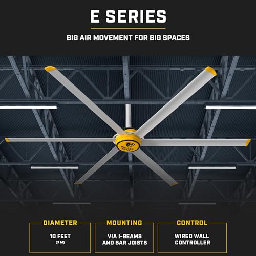 Image of Big Ass Fans E Series 10 ft Industrial 6 Blade Ceiling Fan Gearless Direct Drive Motor, High Volume Low Speed, Wired Wall Controller, 110-125V /1ph - Silver /Yellow