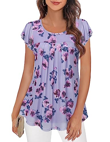 Furnex Dressy Blouses for Women Plus Size Short Sleeve Mesh Tunic Tops Work Casual Floral Tunics Blouse Loose Fit Double Layered Tops Office Ruffle Blouse Elegant Summer Tunic Top for Legging XXXL