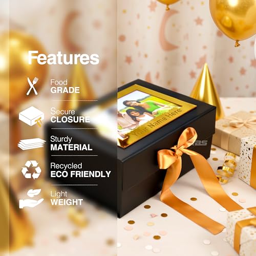 Image of RBS-Customized Name Print Gold Acrylic Gift Box with Photo Frame (23x16x10cm) Gift Box for Packing Custom Keepsake Gift Boxes for Birthday, Wedding, Anniversary Holds Upto 5 kg Hamper Packaging Box