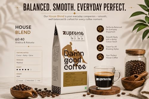 Image of Zupreme Premium Coffee House Blend 60:40 | Arabica Robusta Coffee Beans | Medium to Dark Roast | Strong, Creamy & Full Bodied | Freshly Roasted | Ideal for Espresso & Filter Coffee