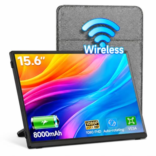 Image of Wireless Portable Monitor 15.6 inch, 8000mAh Battery, 1080P FHD IPS | 4H Runtime, 360 Rotating Stand, AirPlay & Miracast, USB-C & HDMI, VESA, Carry Bag, Wired /Wireless for MacBook, Laptop, Phone