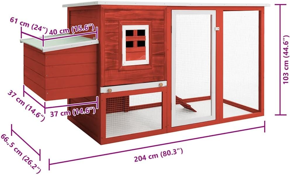 Dimensions of the vidaXL chicken coop, including length, width, and height measurements.