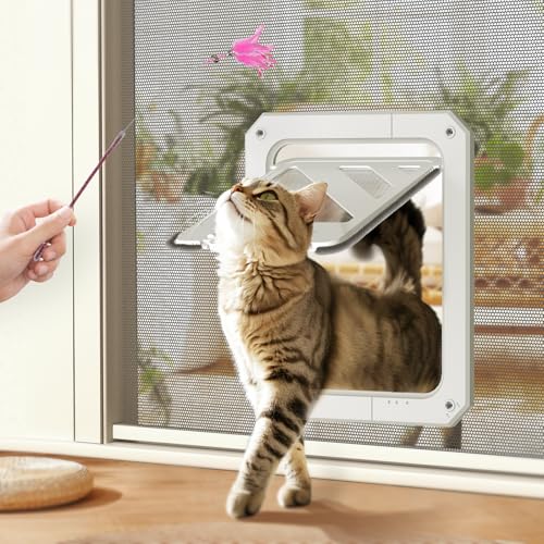 LIBBEPET Cat Door for Screen Door, Lockable Cat Screen Door for Cats & Small Dogs Up to 20 lbs, Magnetic Flap Opening 7 x 9 inches, Equipped with Interactive Cat Toy & Installation Tools, White by LIBBEPET - Used condition - US$21.48
