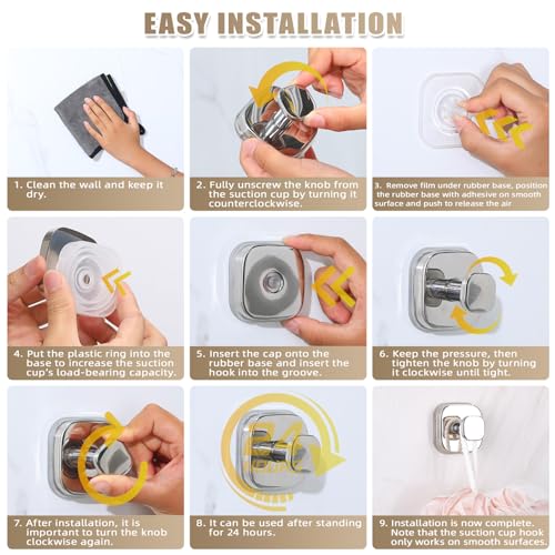 Image of No-Drill Reusable Suction Cup Hooks, Towel, Robe, Loofah, Coat Hook for Glass, Mirror, Tile, Shower, Bathroom, Kitchen & Metal (Smooth, Non-Porous Surfaces) (4, Chrome Polished)