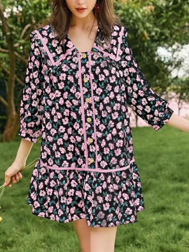 Wenrine Womens Casual Shirt Dresses 3/4 Long Sleeve Floral Button Down Flowy Babydoll Fall Mini Dress4