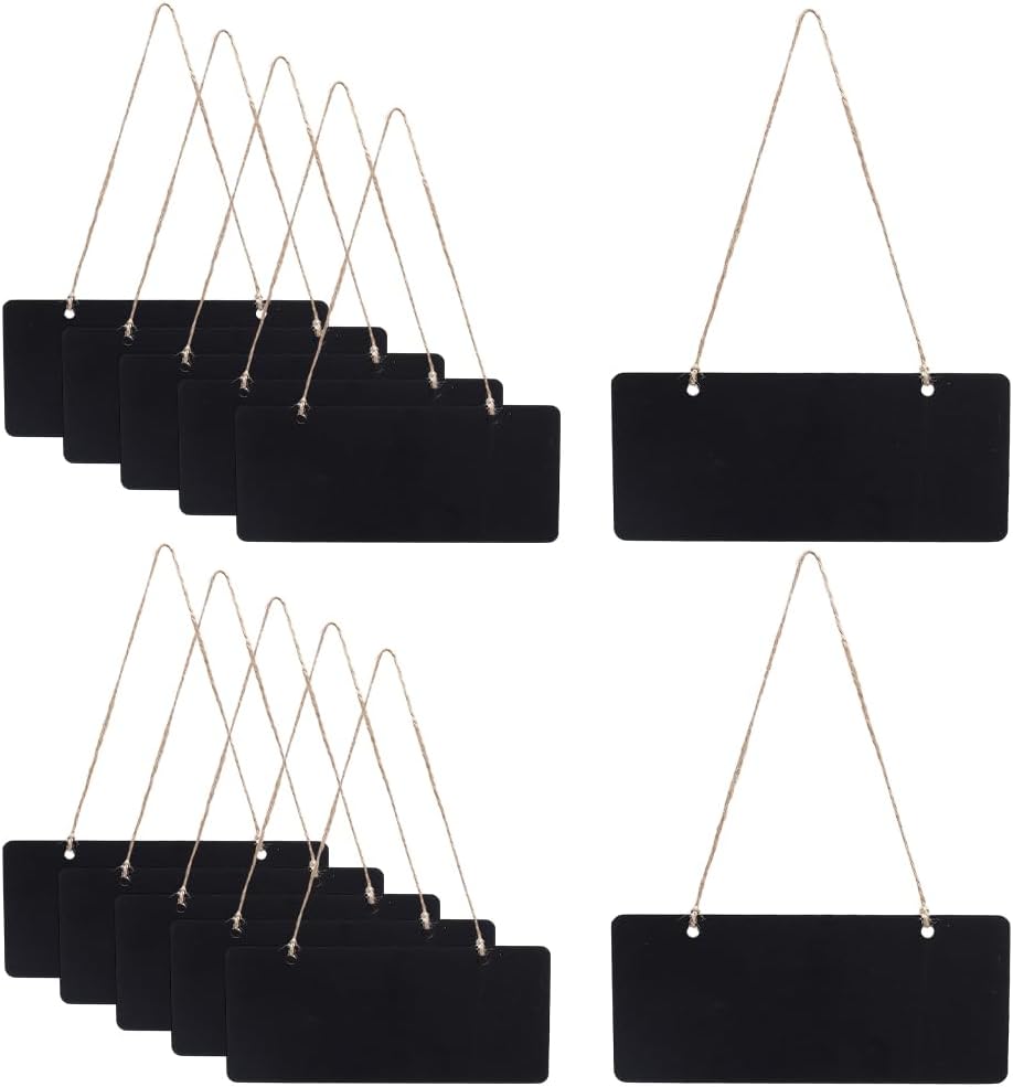 12 Sets Hanging Chalkboard Signs, 7.2 x 3.1 Inch Erasable Message Board Reusable Wooden Chalkboard Tags with Hanging String for Kitchen Wedding Party Decorations Home and Commercial Use