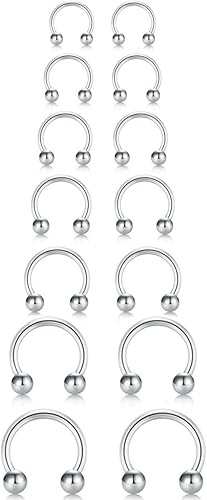 Juego de 14 aros de acero quirúrgico de calibre 14161820 de 678910120.551 in, calibre 678910120.551 in, piercing para nariz, cartílago, rook,