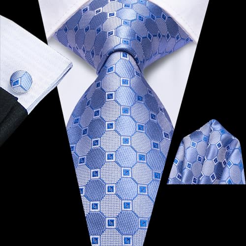Image of Hi-Tie Sky Blue Mens Ties Light Blue Plaid Necktie for Men Novelty Tie Handkerchief Cufflinks Lapel Pin Set Wedding Business, Medium